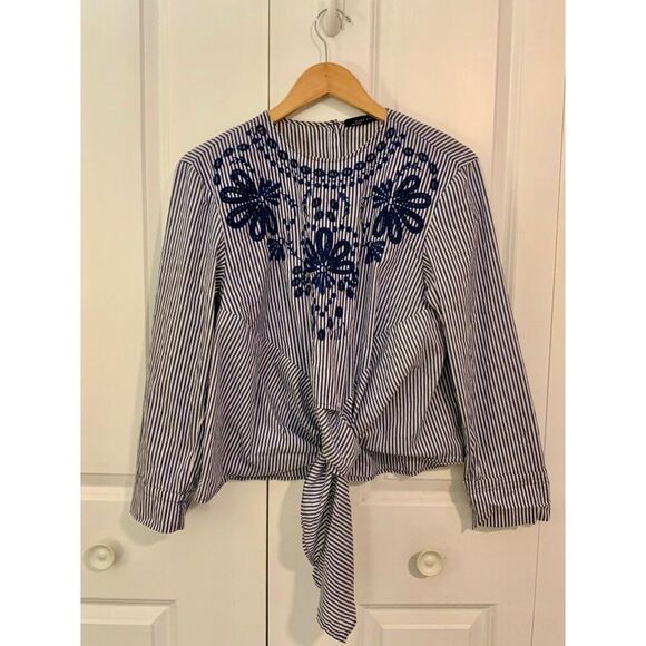Zara Navy Blue Stripe Embroidered Tie Front Long Sleeve Top XS - Picture 2 of 10